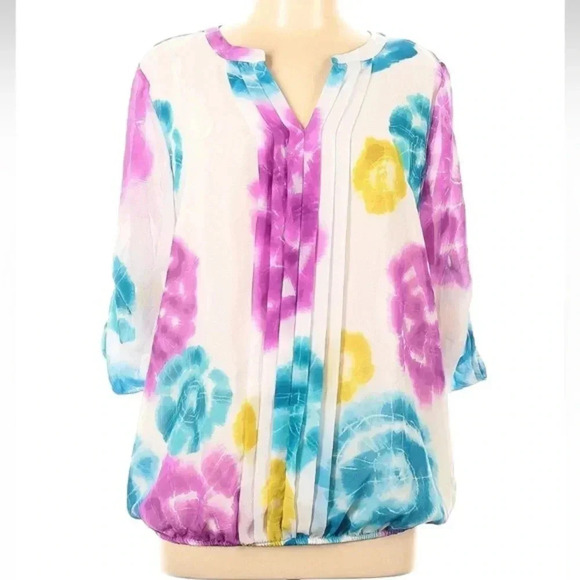 Calvin Klein Blue Purple Yellow Watercolor Tie Dye Long Sleeve Blouse Size Large - Picture 1 of 3